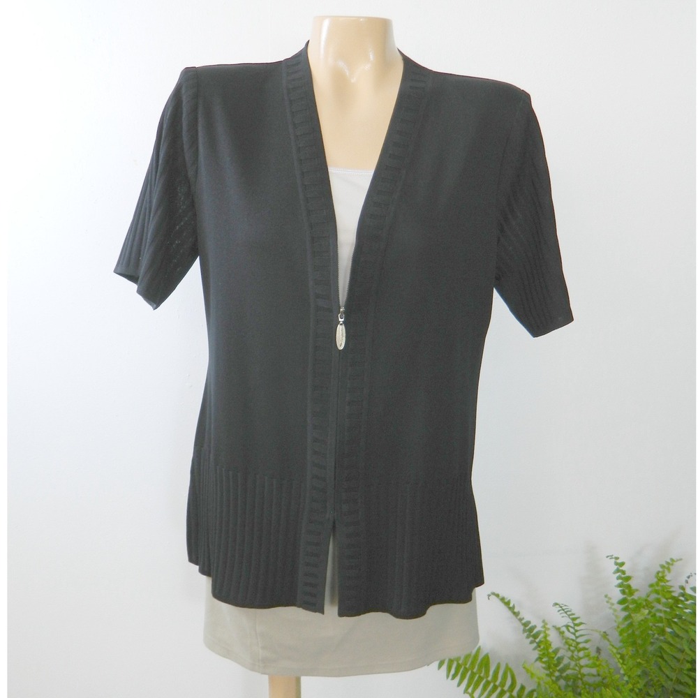Misook Zip Front Cardigan Women Small Black Short Sleeve Ribbed Knit Sweater Top